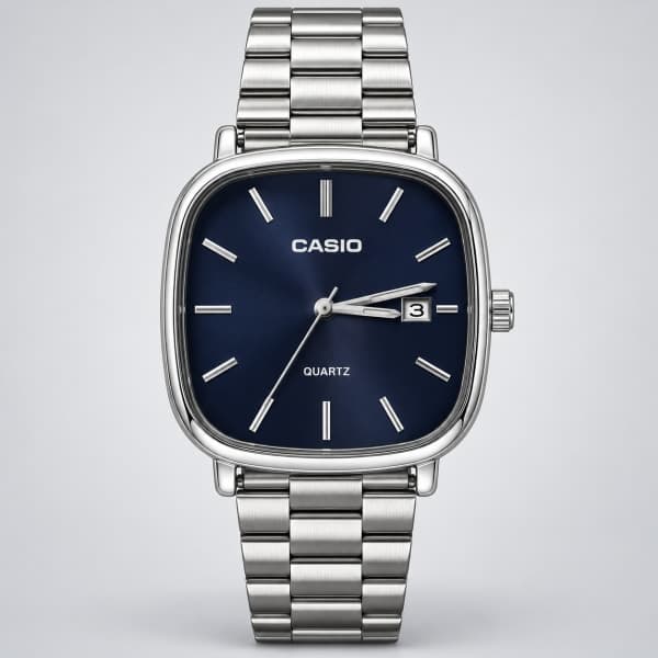 نظارة Casio Square Classic – Silver & Navy Blue، عرض مسطح